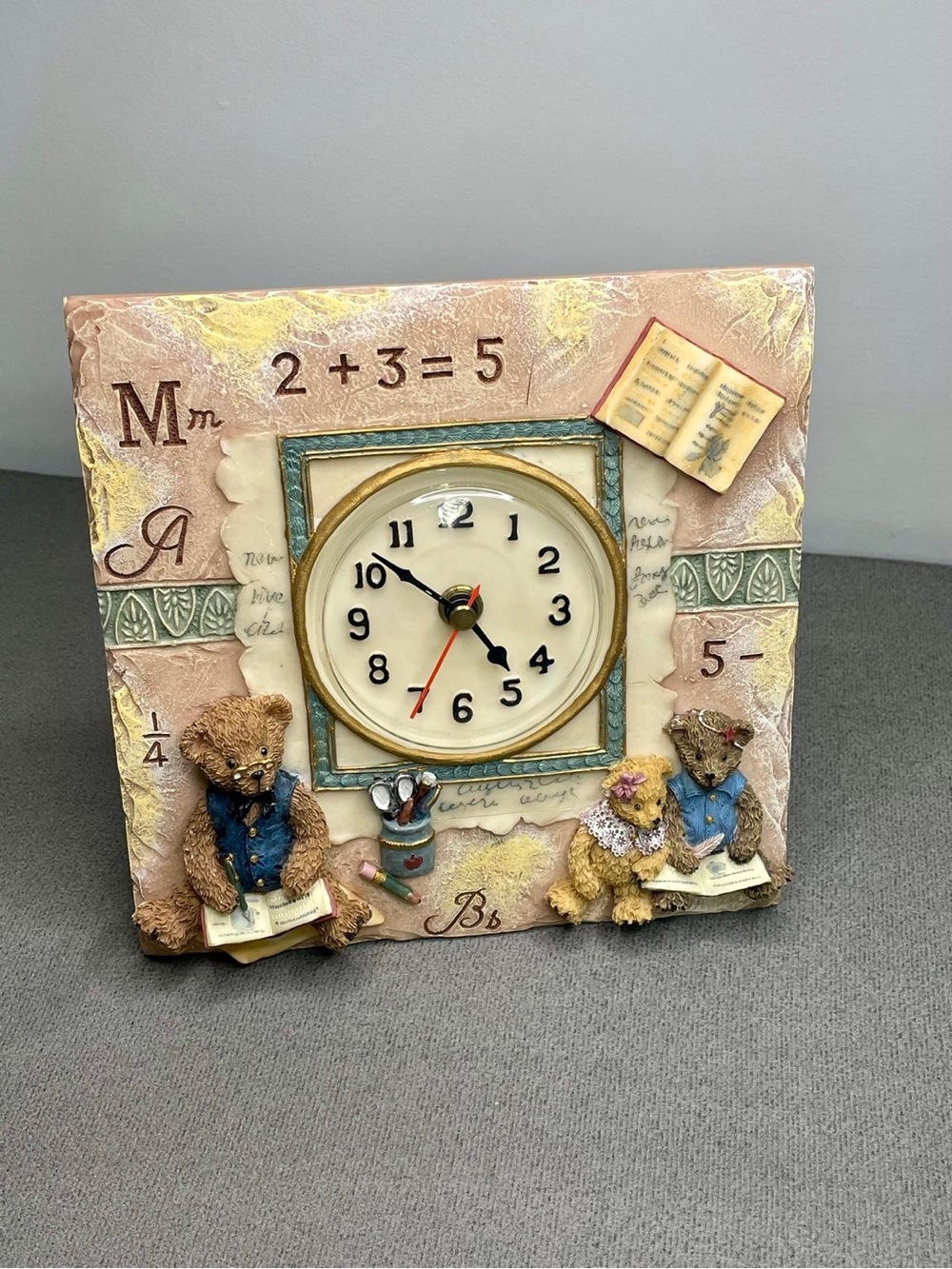 Decorative Porcelain Clock frame, w/ teddy bears, books, Maths, Pink green cream